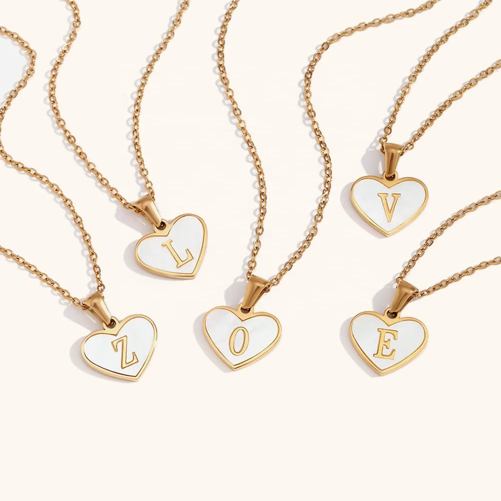 Dingran High Fashion Shell Heart Pendant Necklace Gold Plated Stainless Steel Initial Letter Necklaces