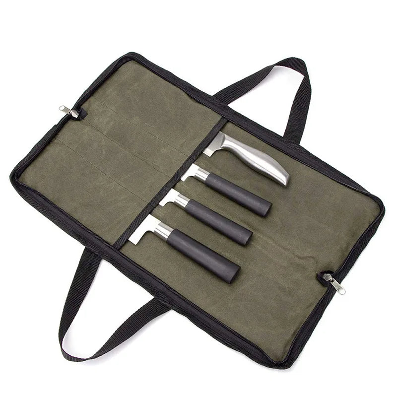 Custom Potable Kitchen Knife Storage Bag Chef Knife Roll Organizer Heavy Duty Bbq Waxing Canvas Handheld Chef Knife Roll Bag
