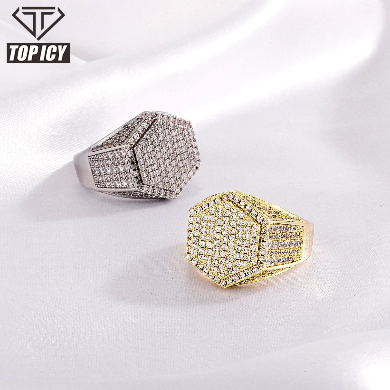 Hexagon Shape Diamond Ring Adjustable Fashion Jewelry Rings for Men Brass 14K Gold Plated 5A CZ Mens Rings