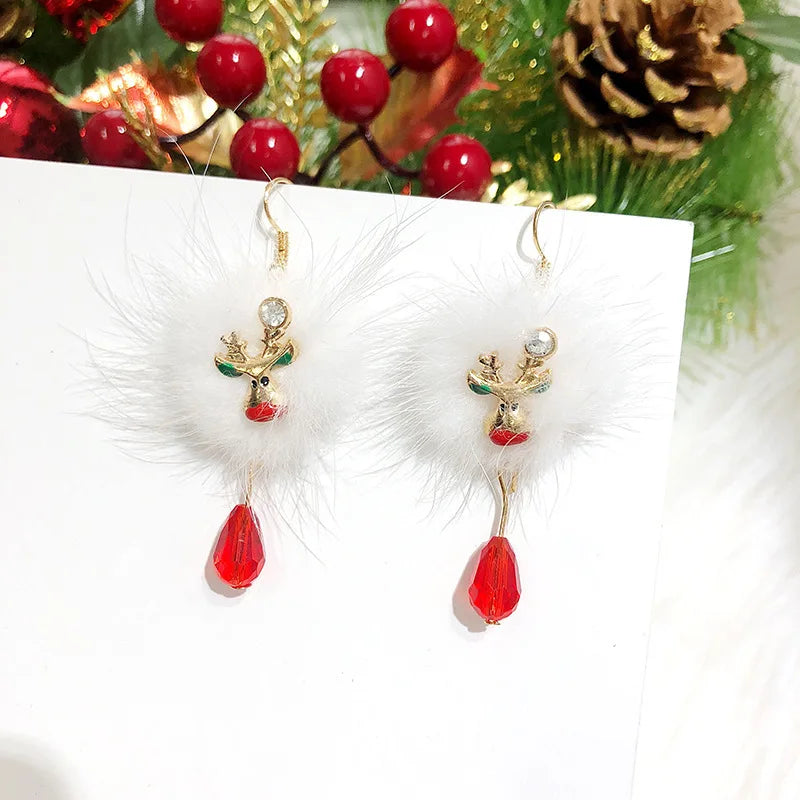 Christmas Santa Claus Sika Fawn ELK White Plush Small Ball Red Crystal Pendant Hook Earrings