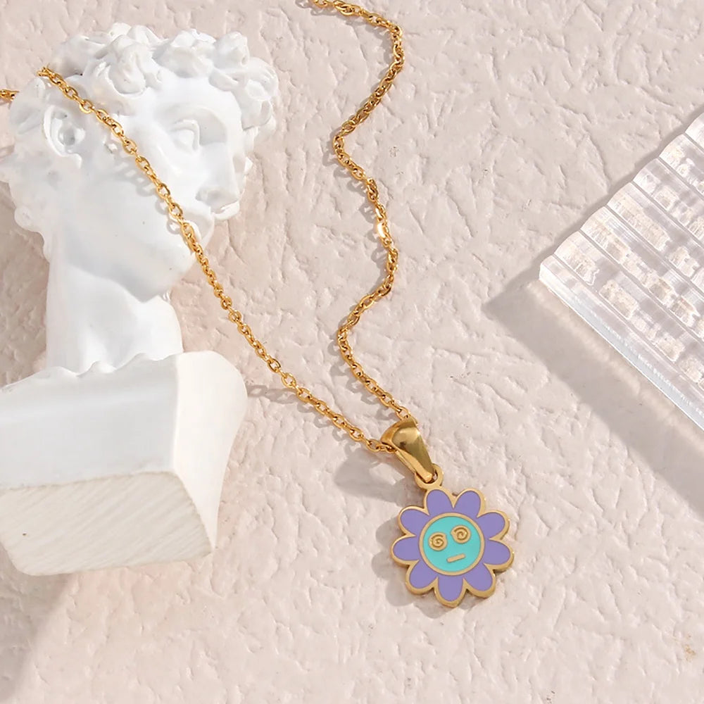 Dreamshow Cute Colorful Flower Enamel Necklace 18K Gold Plated Stainless Steel Pendant Necklace for Women