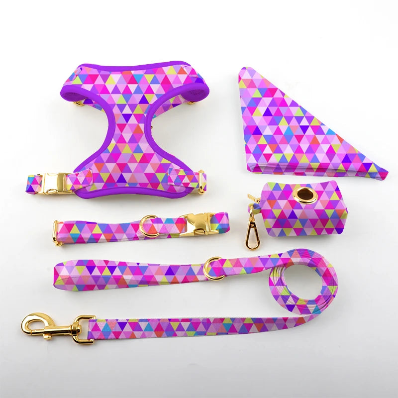 Padded Dog Harness Set Custom Logo Sublimation Print No Pull Pet Supplies Luxury Purple Soft Dog Harness Leash and Collar