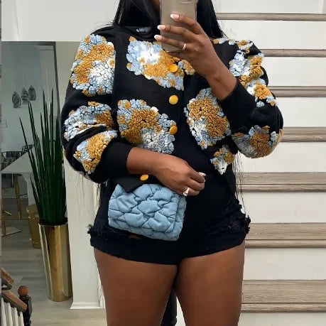 Autumn and Winter New Women's Retro Three-Dimensional Flower Temperament Loose Single Breasted Cardigan Short Jacket