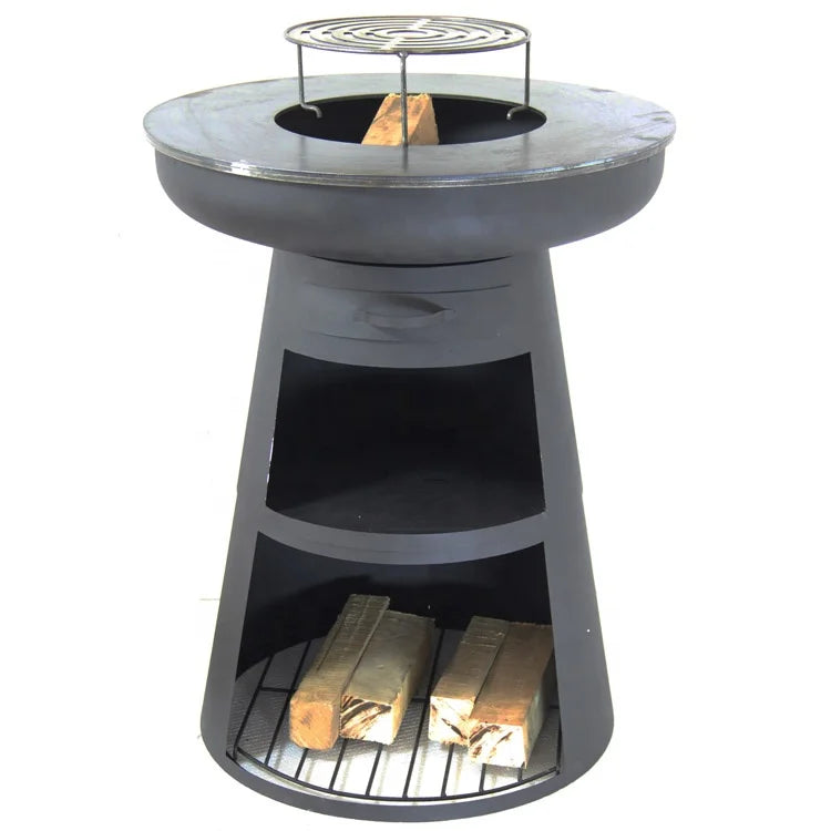 Heavy-Duty Steel Round BBQ Grill with Outdoor Log Storage Versatile and Durable Plancha