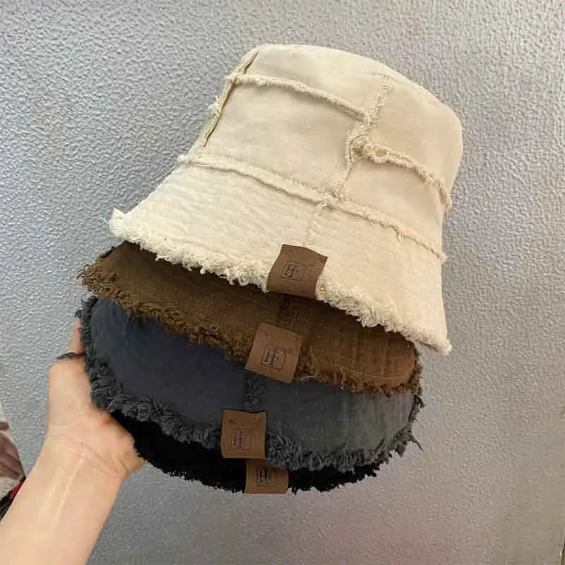 Source Factory Direct Sale Fashion Spring Custom Logo Reversible Distressed Bucket Hat Patchwork Denim Fishing Casual Party
