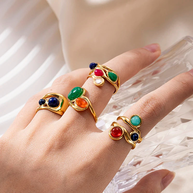 Trendy Vintage Geometric Stainless Steel 18k Gold Plated Rings Lapis Natural Stone Opening Ring for Women Wedding Jewelry