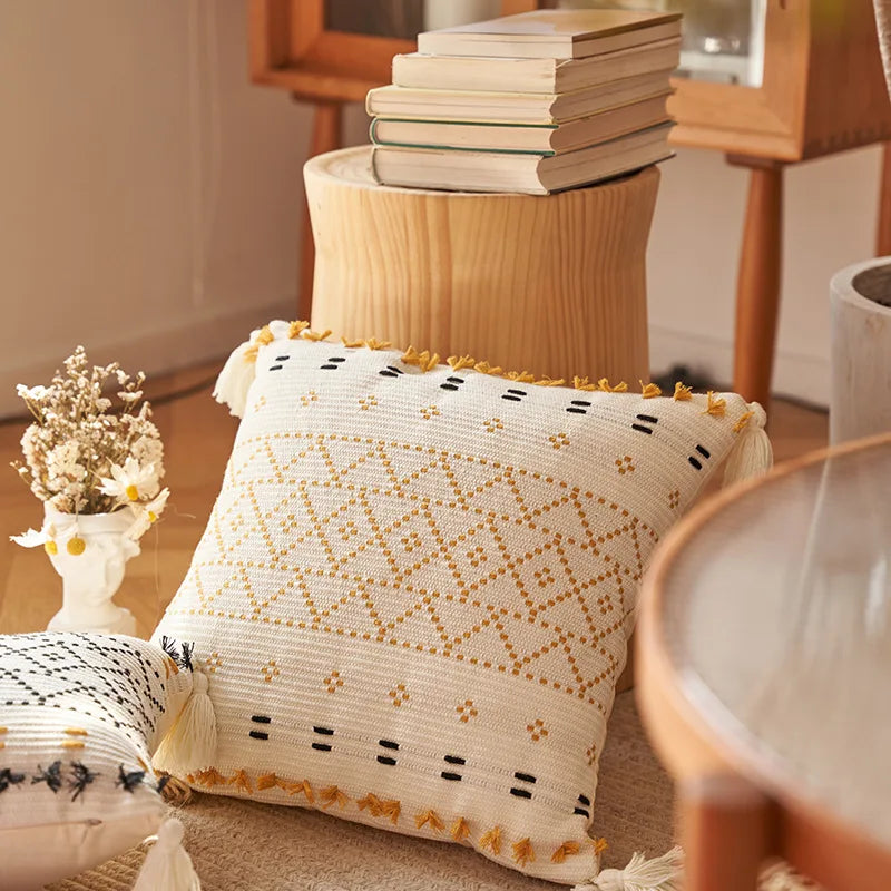 18x18 Throw Pillow Cover Tribal Boho Woven Tufted Pillowcase With Tassels for Sofa Couch Car Living Room