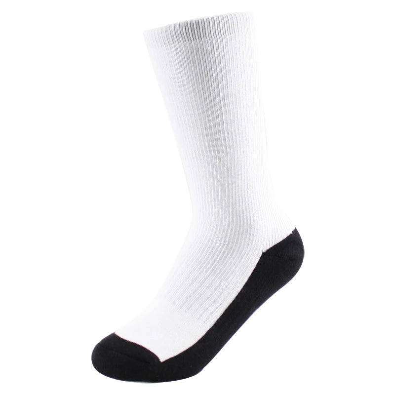 Wholesale Custom Crew Thick Men's Casual White Socks with Black Sole Sublimation Design on Bottom for Autumn Season