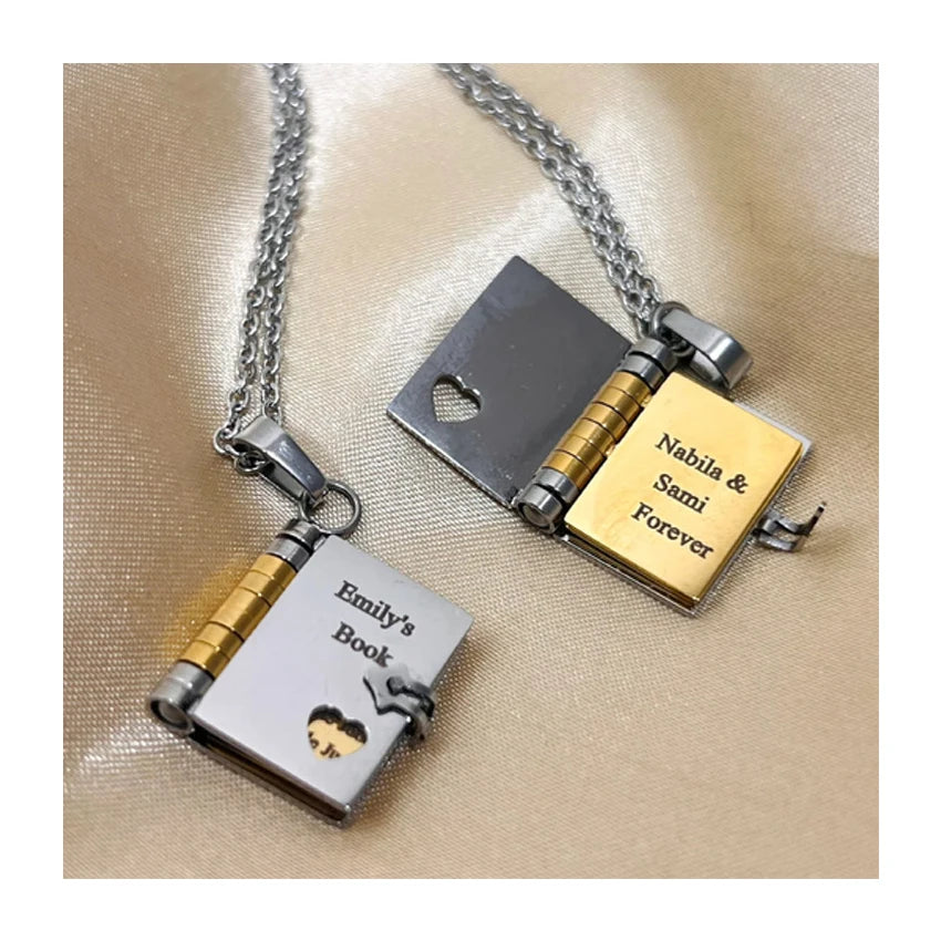 NEWNORTH Custom Engraved Necklace Stainless Steel Jewelry Custom Laser Engraved Lovers Book Pendant Couple Necklace for Women