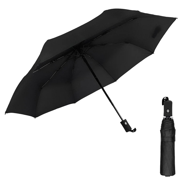Custom Logo Automatic 3 Fold Umbrella Windproof UV Protection Black Coating Reinforced Compact Travel Business Gift Rain Parasol
