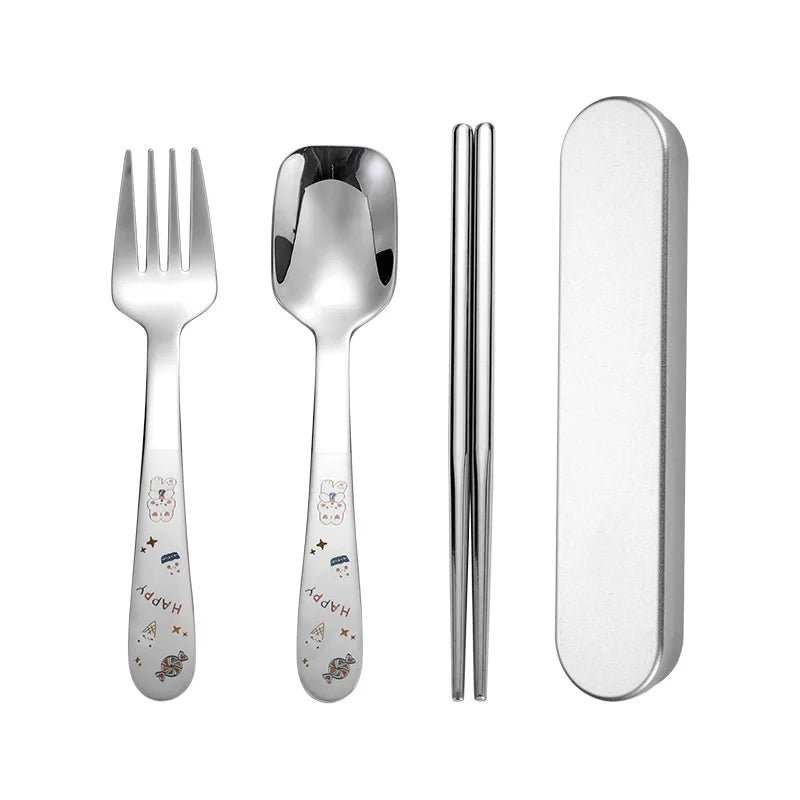 Portable Stainless Steel 316 Metal Cutlery Set Cute Silver Dinnerware for Students Kids Flatware Including Chopsticks Spoon Fork