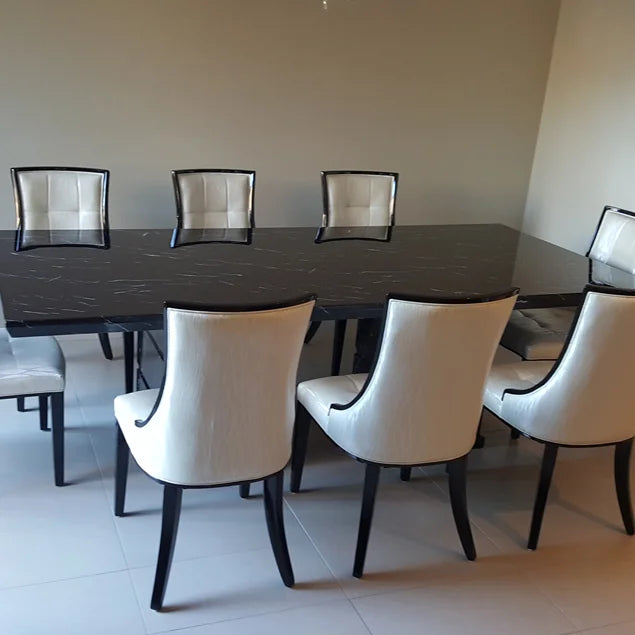 Black Marquina Marble Desk for 8 Chairs European Style Impressive Design Rectangle Shape Home Restaurant Dining Room Table