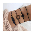 New Fashion 4PCs Gothic Black Feather Hollow Lotus Heart Charm Boho Wrist Chain Bracelet Set