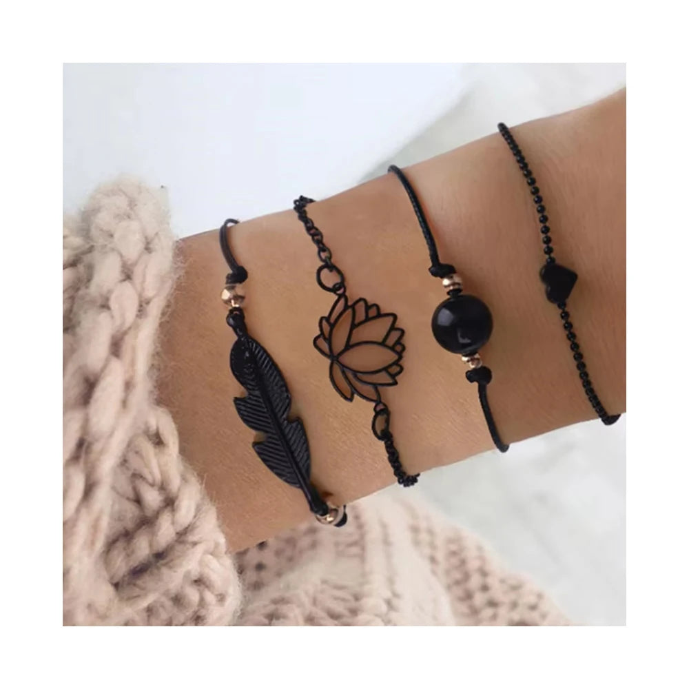 New Fashion 4PCs Gothic Black Feather Hollow Lotus Heart Charm Boho Wrist Chain Bracelet Set