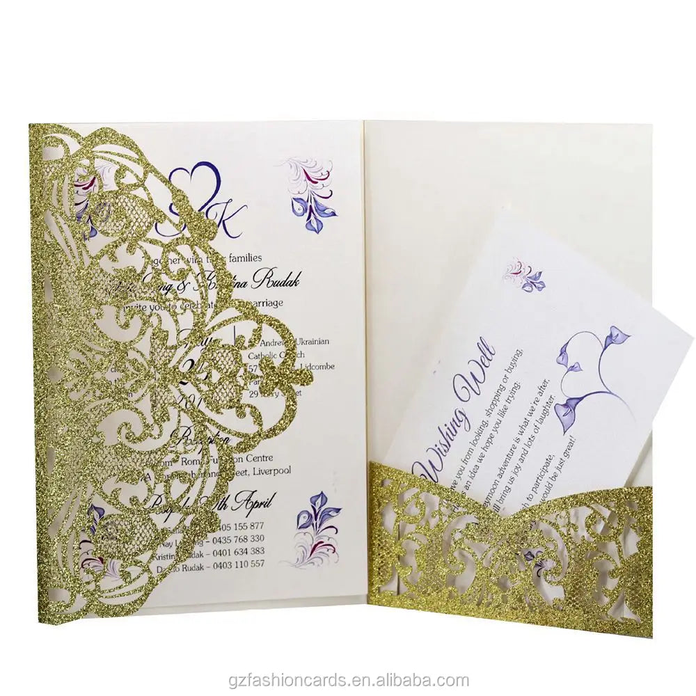 Glitter Laser Pocket Marriage Invitation Cards and Birthday Laser Invitations Custom Glitter Laser Cut Wedding Invitation Cards