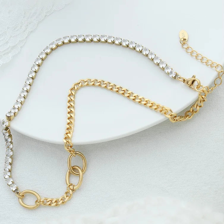 New Arrival Waterproof Tarnish Free Shiny Dainty Zircon Link Chain Stainless Steel Necklace