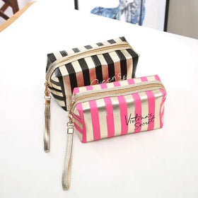 New Design Shiny Strip Printed PVC Cosmetic Bag Makeup Pouch with Portable Wholesale Toiletry Bag for Gift