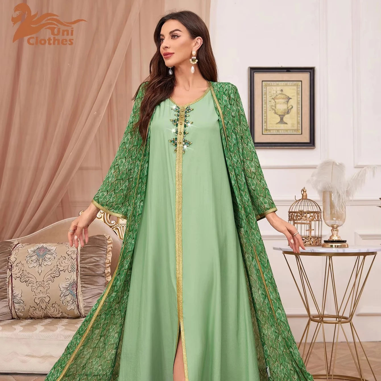 Muslim Eid Fashion Two Piece Rhinestone Flower Print Open Abaya Long Dress Arabic Clothing for Women Long Dress Abaya Robe