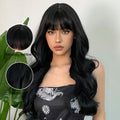 Factory Wholesale Price Long Wavy Black Wig for Women Synthetic Wig with Bangs Long Curly Natural Looking Hair Heat Resistant