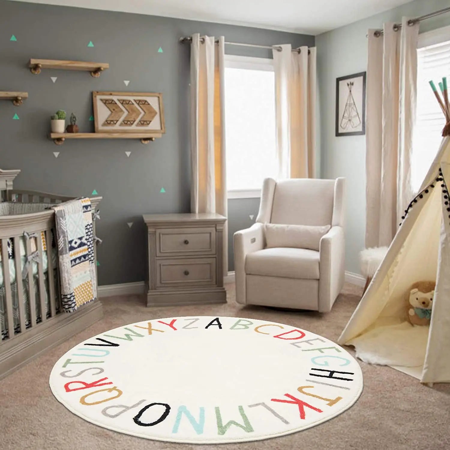 Rainbow Round Kids Play Rug Alphabet Nursery Area Rug Extra Large Soft Crawling Play Mat for Children