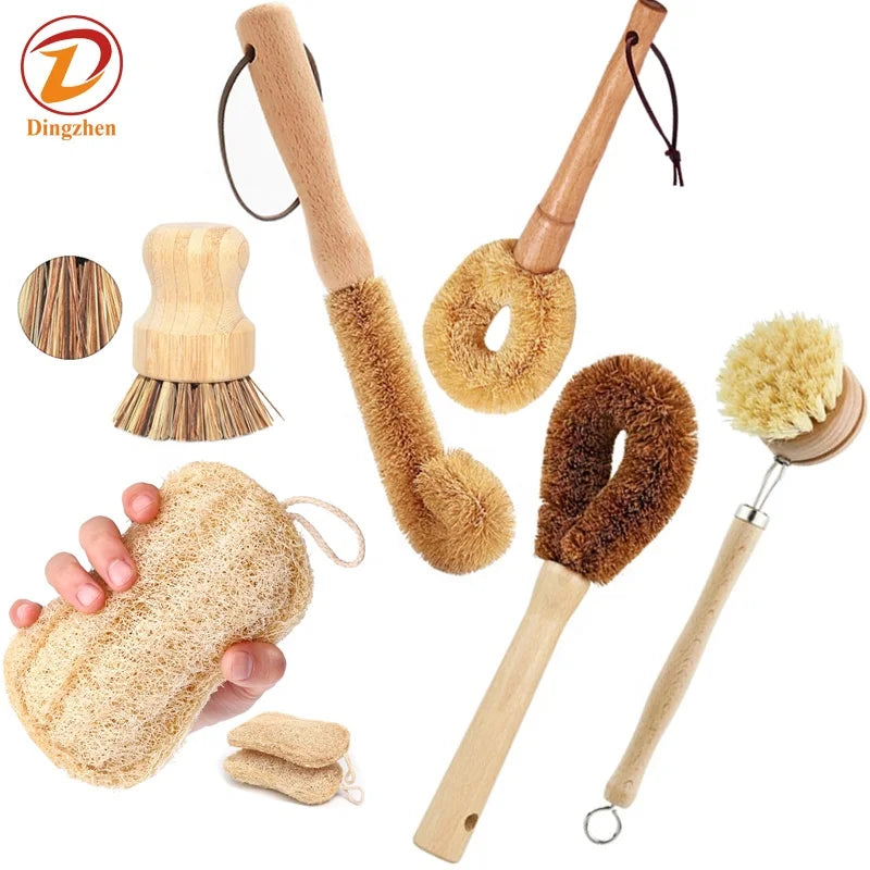 Kitchen Brush Set Floor Vegetable Dish Bottle Pot Brush Sisal Wooden Natural with Kitchen Eco-friendly Brushes