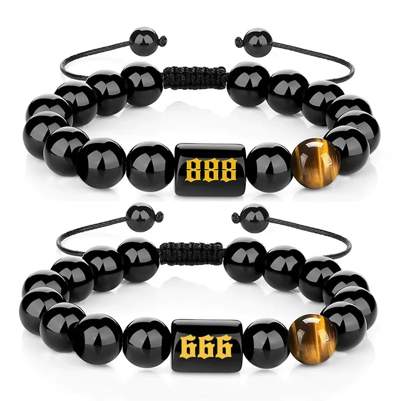G1553 2022 New Arrival Stone 10mm Tiger Eye Bead Bracelet Adjustable Braided Rope 000-999 Angel Number Bracelet for Couple