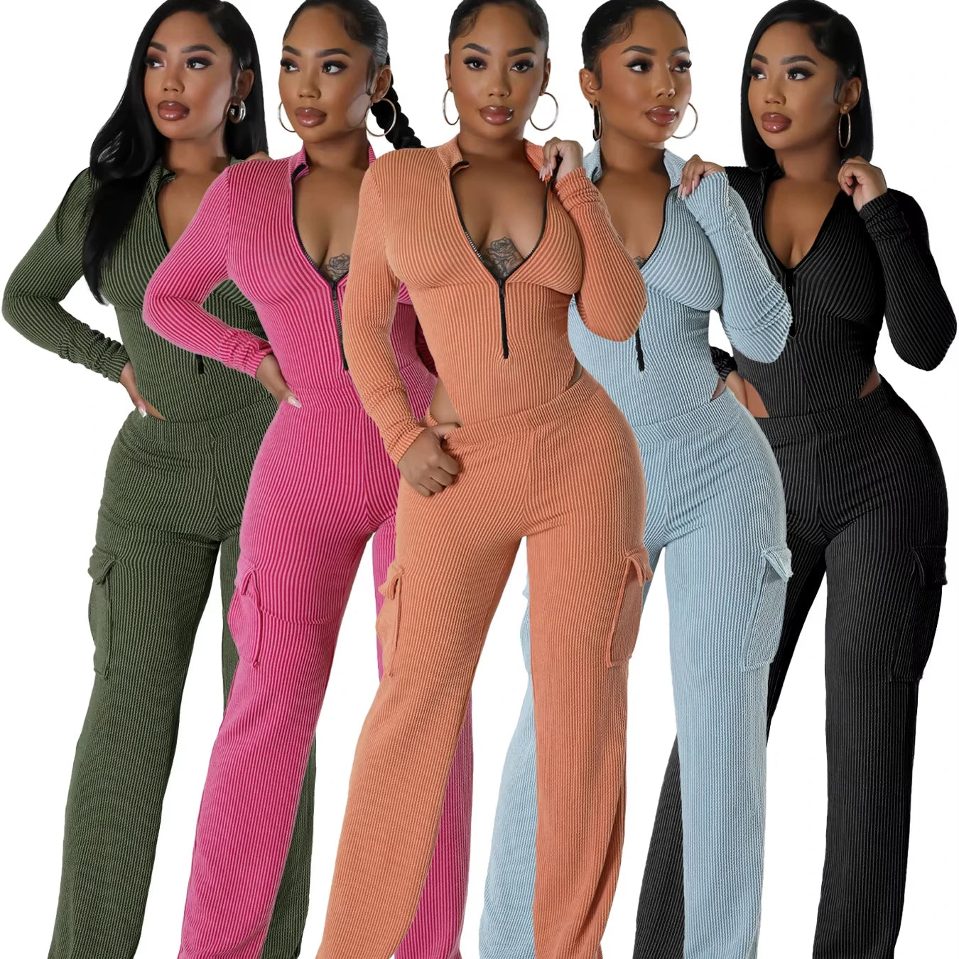 New Arrival High-rise Zipper Long Sleeve Wide-leg Overnight Party Bodysuit Pant Jogger Set