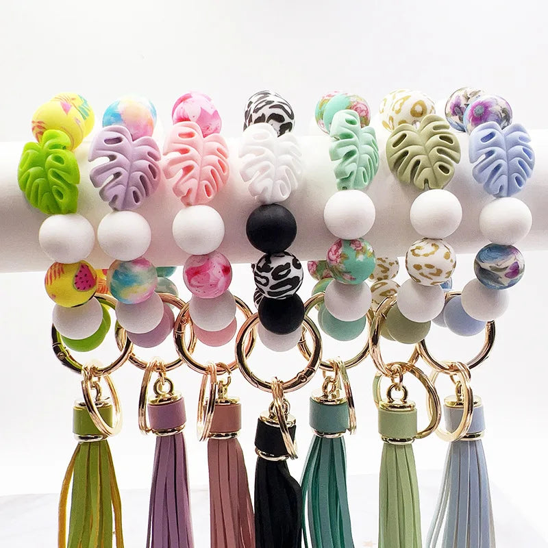 Wholesale Custom Bead Keychain Women Luxury Lobster Clasp Silicone Leaf Flower Beaded Bracelet Wristlet Keychain With Tassel