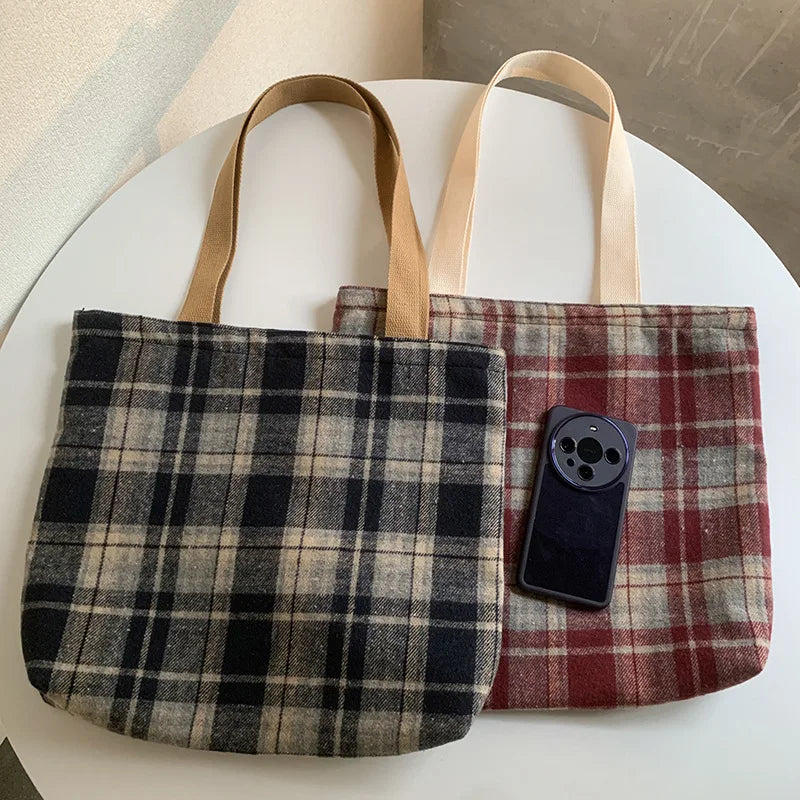 Retro Blended Woven Wool Check Large Capacity Check Bag Canvas Cotton All-purpose Shopping Tote Bag