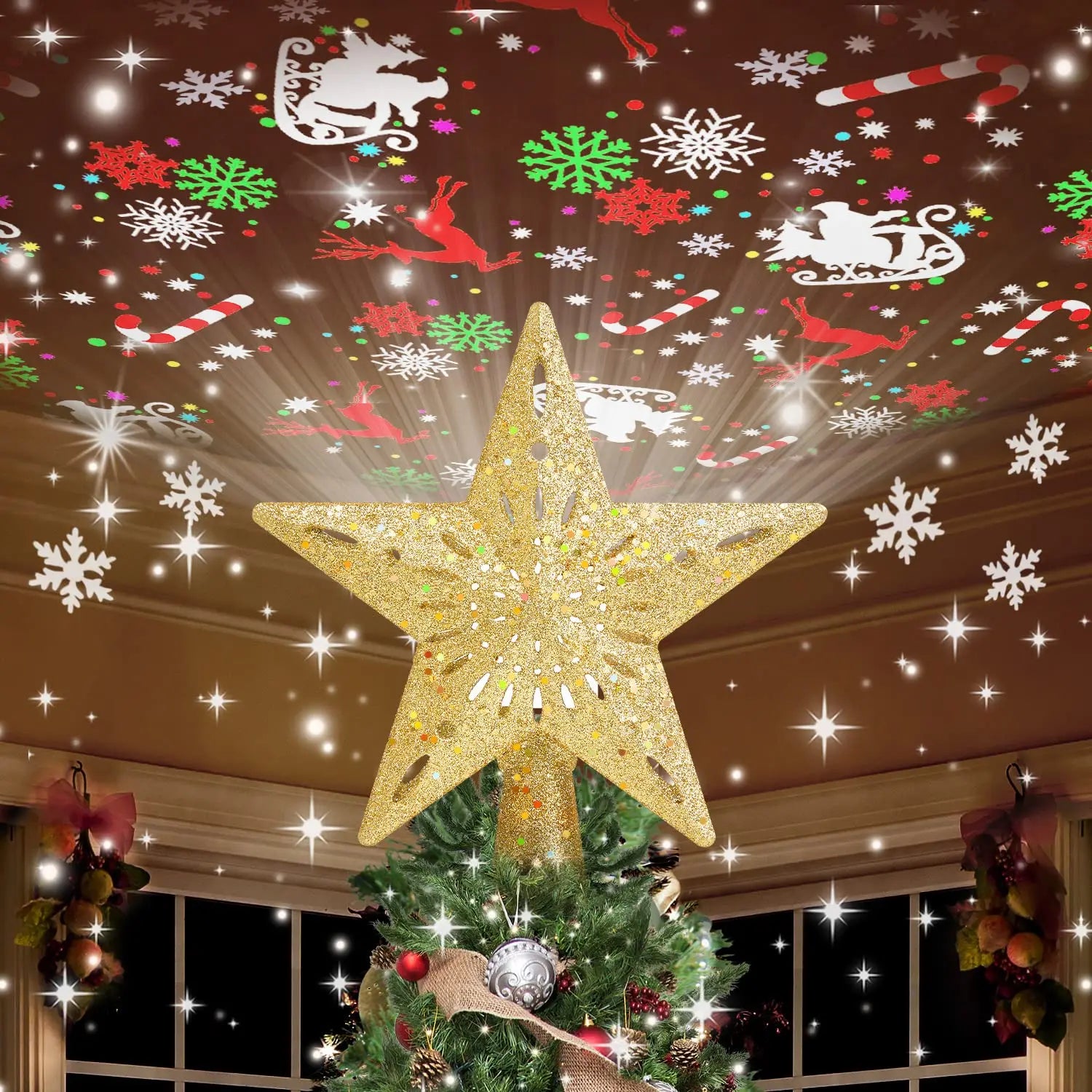 China Manufacturer Snowflake Shaped Glitter Lighted Sliver Snow LED Polyester Christmas Tree Topper