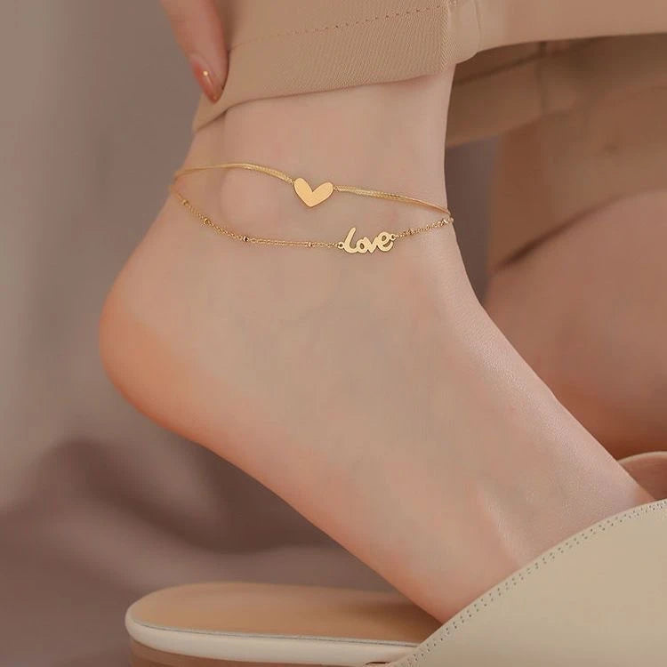 X161 Wholesale 18k Gold Plate Stainless Steel Anklet Women's Summer Beach Double Layered Heart Shaped Charm Ankle Chain Jewelry