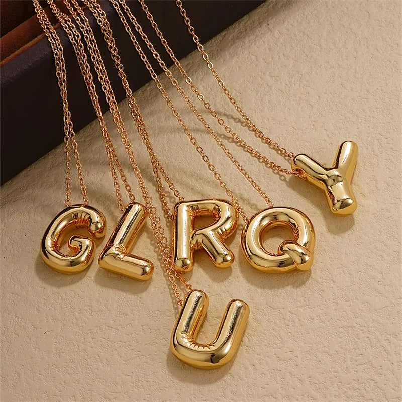 18K Gold Plated Personalized Chunky A-Z 26 Alphabet Initial Bubble Letter Necklace Cute Stainless Steel Link for Anniversaries