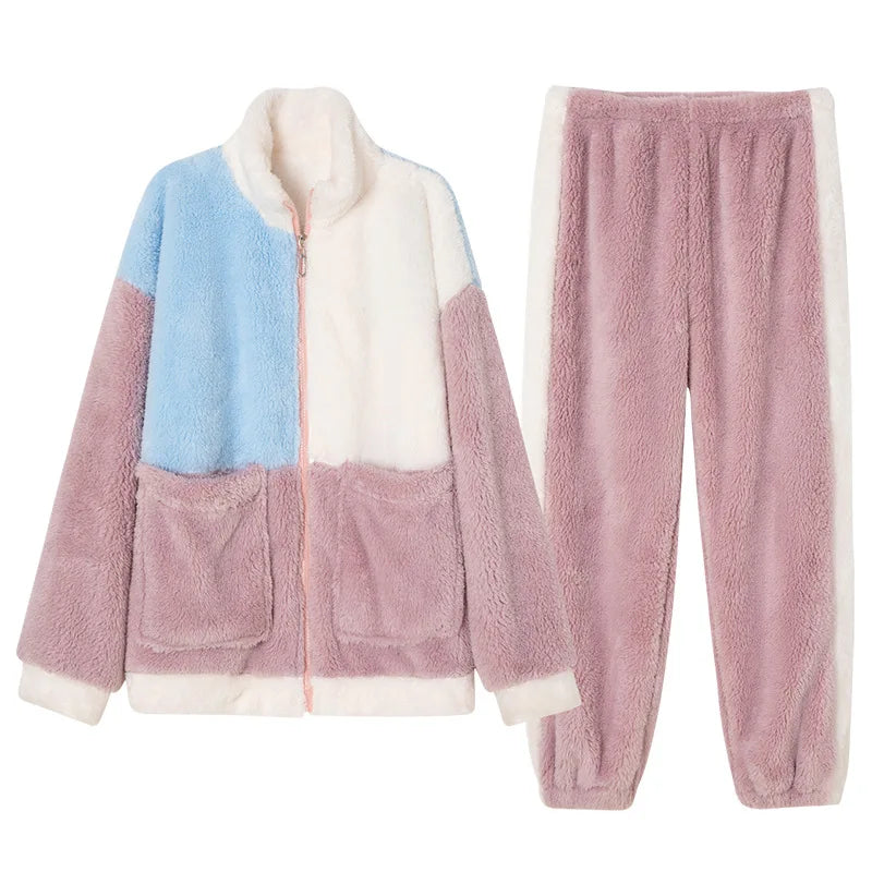 High Quality Fleece Patchwork Pajamas Set Sleepwear Women Fleece Pajama Plus Size Fashionable Fleece Pajama Set