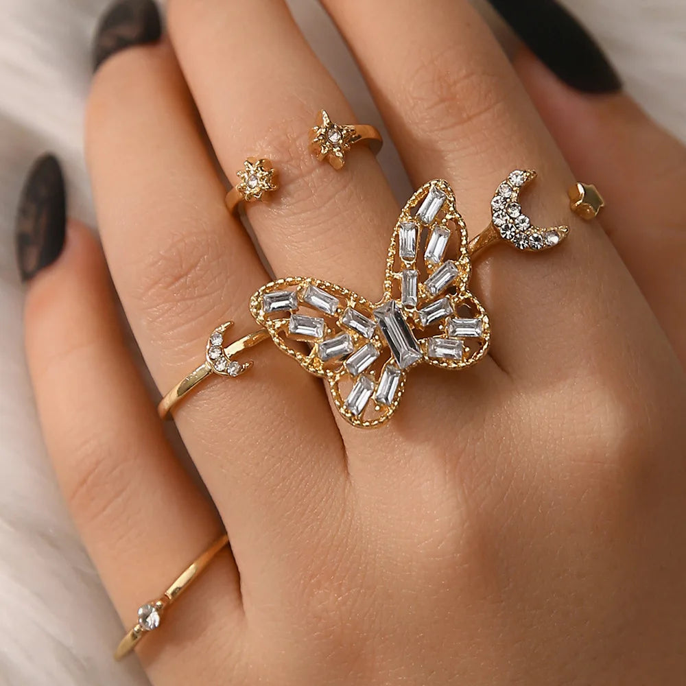 Butterfly Zircon Finger Ring Set Women Simple Metal Chain Knuckle Ring Female Jewelry Anillo De Mariposa Rhinestone Ring Set