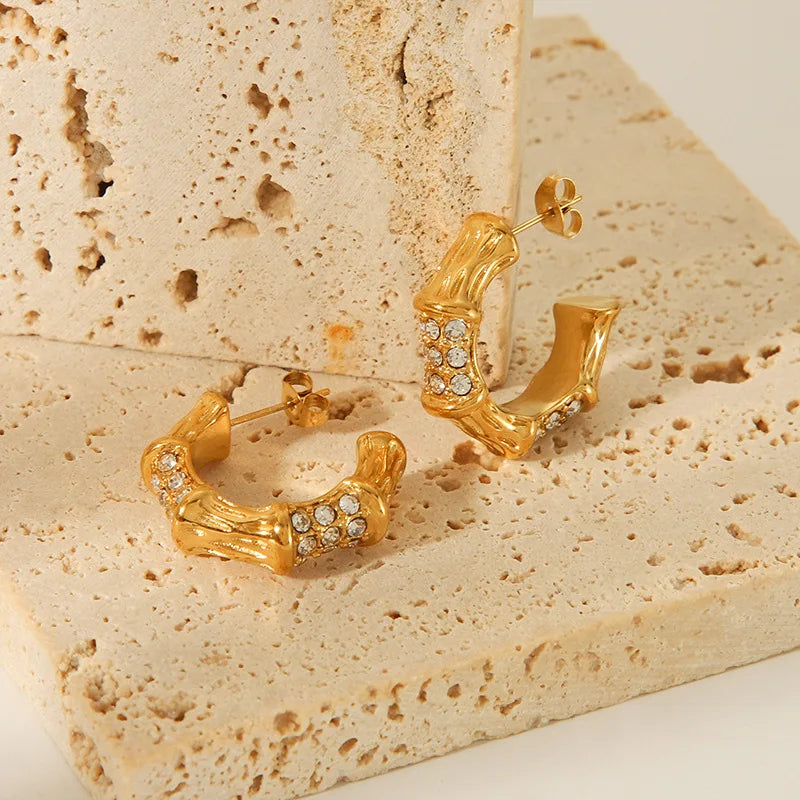 Personalized Stainless Steel Heart Necklace Gold Plated Zircon Small Heart Bamboo Hoop Earrings for Women
