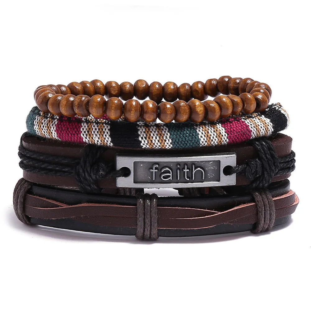 Multilayer Wrap Rope Eye Faith Bangles Mens Leather Bracelets Vintage  4pcs/set GPB037
