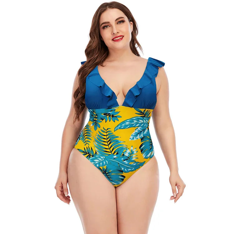 New Plus Size One Piece Swimsuit Plus Size One Piece Printed Color Blocking Ruffled Swimsuit