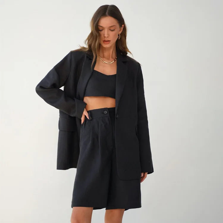 Work Attire Office Designer Clothes Outfit Loose Cotton Long Sleeve  Elastic Waist  2 Piece Shorts Set