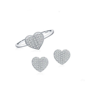 Hot Selling Romantic Valentine's Day Gift Heart-shaped Ring 925 Sterling Silver Full Diamond Zircon love Studs Earring Set