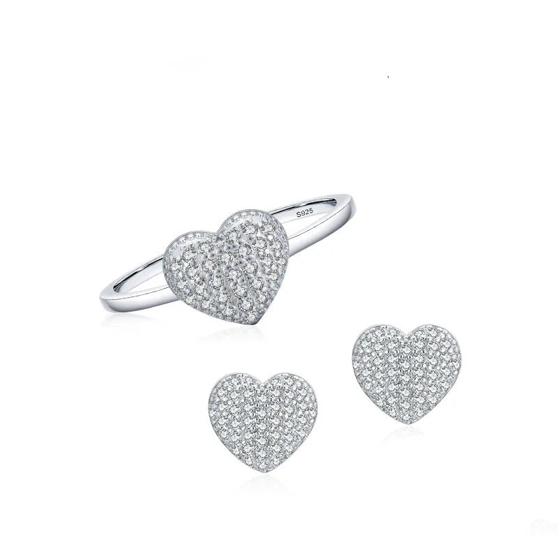 Hot Selling Romantic Valentine's Day Gift Heart-shaped Ring 925 Sterling Silver Full Diamond Zircon love Studs Earring Set