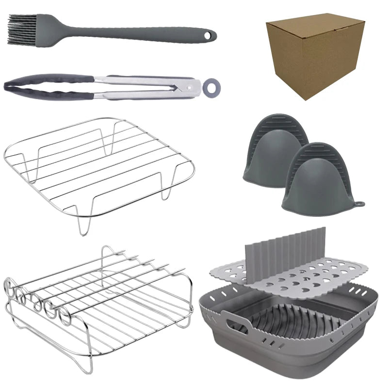 Air Fryer Accessories Silicone Air Fryer Liners with Stainless Steel Grill and Steaming Rack & Skewers Set