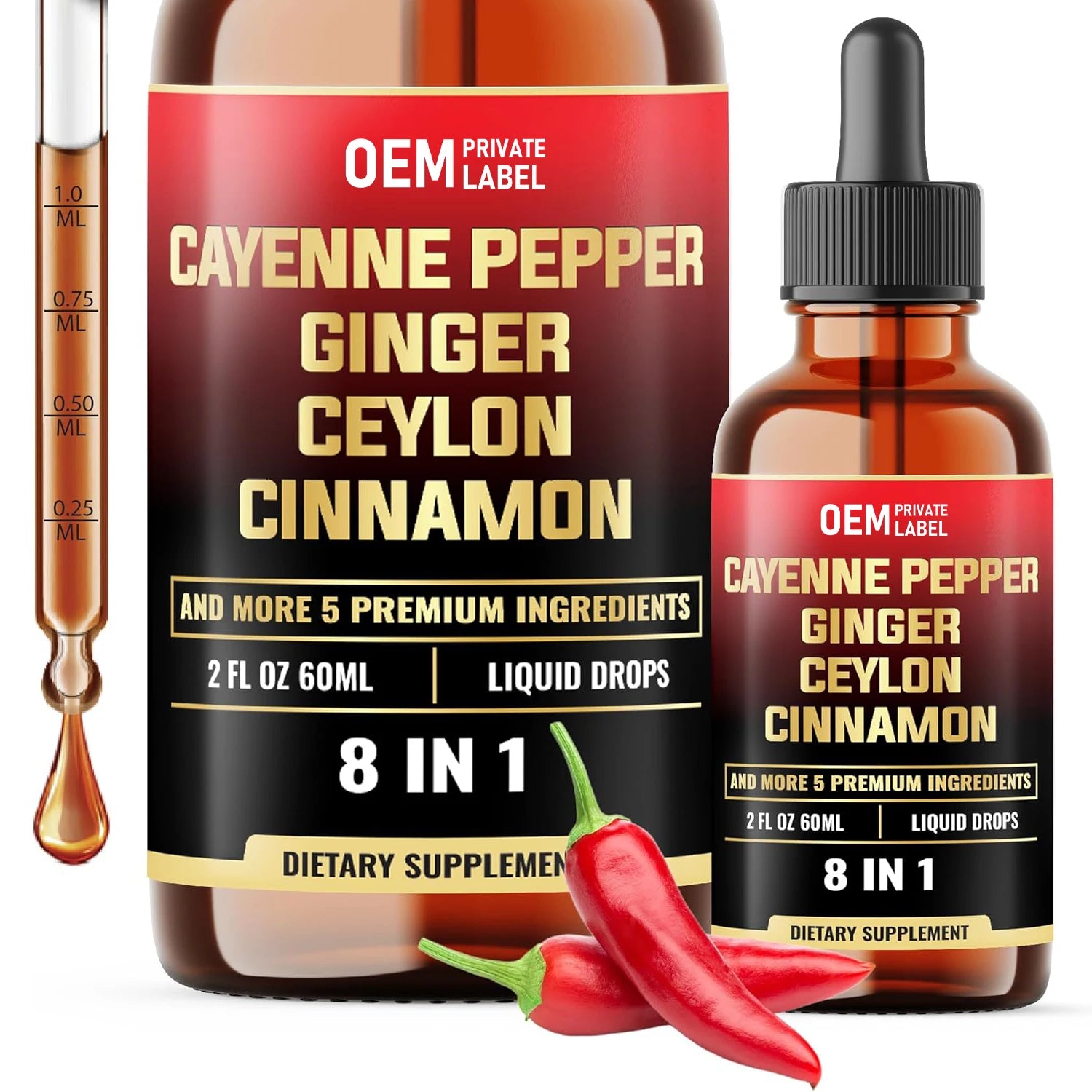 OEM 8 In1 Cayenne Pepper Liquid Drops with Ginger Ceylon Cinnamon and 5 More Herbals for Digestion Circulatory Heath Support