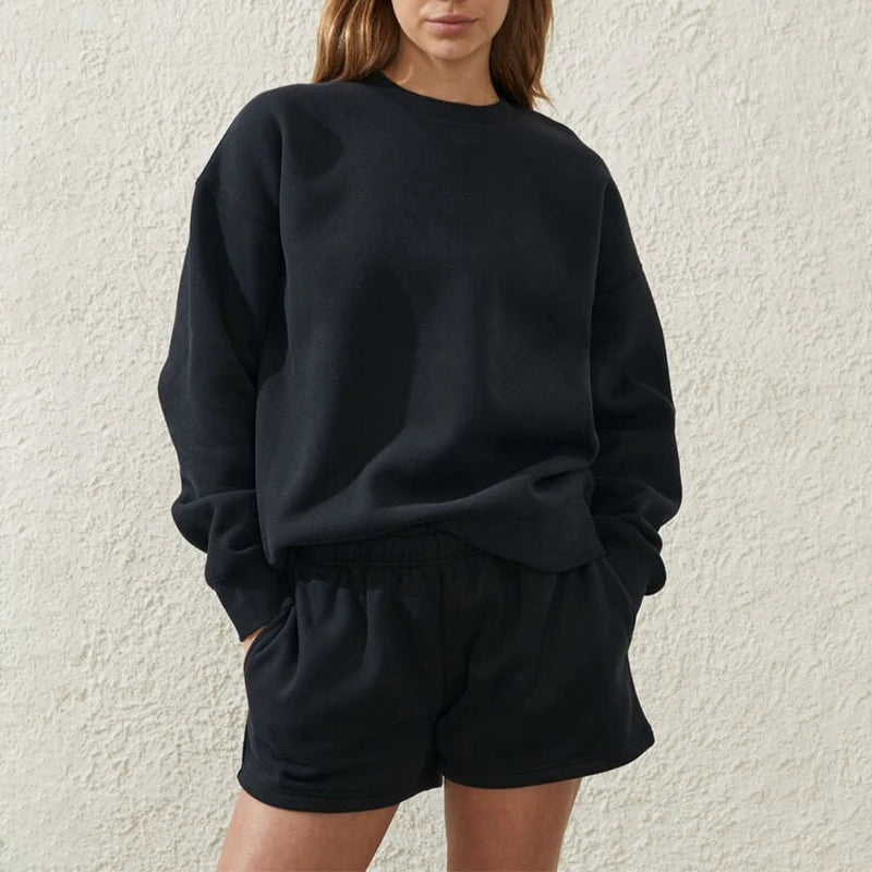 L800827 Custom Premium Cotton Fleece Crew Neck 2 Pcs Women Sweatsuit Jogging Set Custom Sweatshirt With Shorts Set