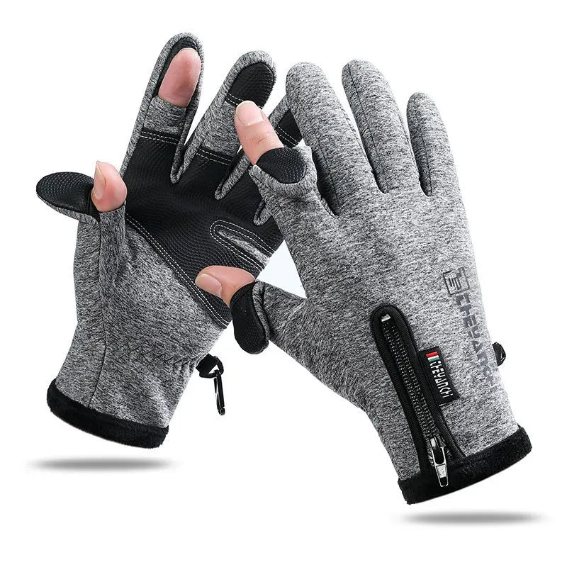 Cycling Gloves Winter Takeaway Fishing Leak Two-Finger Outdoor Windproof Zipper Touch Screen Plus Velvet Thick Gloves