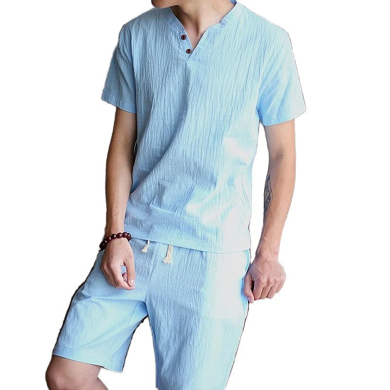 Liu Ming Men's Casual 2-Piece Set Comfortable Cotton Linen Shorts with Button Tops Hot Selling Plus Size Breathable for Summer