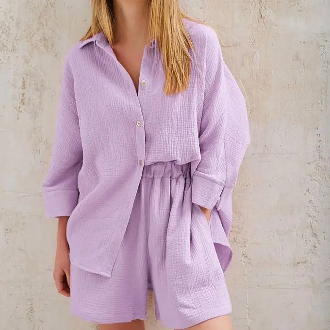 S-XL Long-sleeved Shorts Suit Thin Casual Cotton Home Clothes 2-piece Pajamas  Shorts Set Women