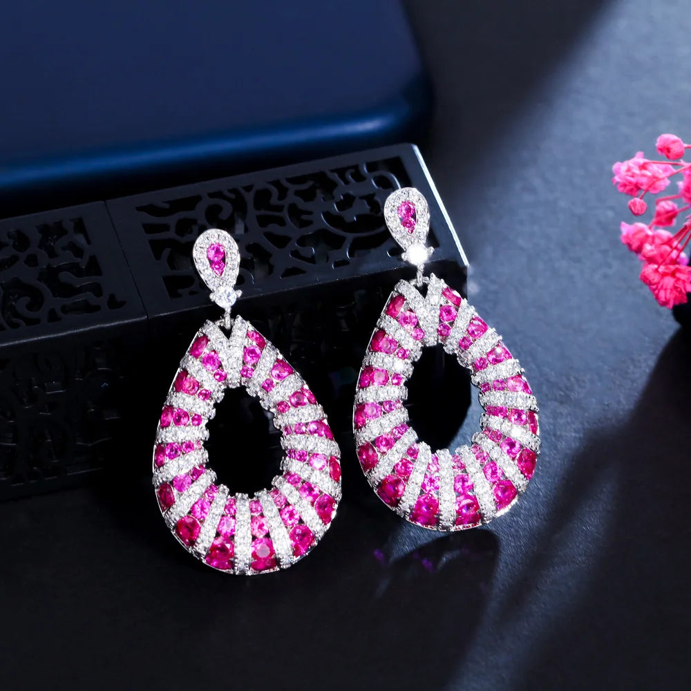 New Arrival Gorgeous Rose Pink Cubic Zircon Modern Water Drop Unique Earrings for Women Copper Dangle Wedding Party Jewelry Gift