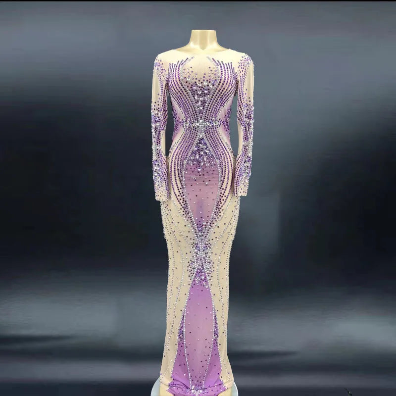 Luxury Diamond Purple  Sthone  Crystal Long Stage Show Evening Dresses Fashion Elegant Summer Dress