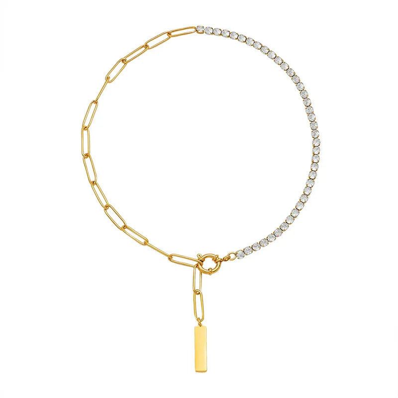 Shiny Zircon 18k Gold Plated Stainless Steel Paper Clip Chain Choker Necklace Jewelry for Girls Women