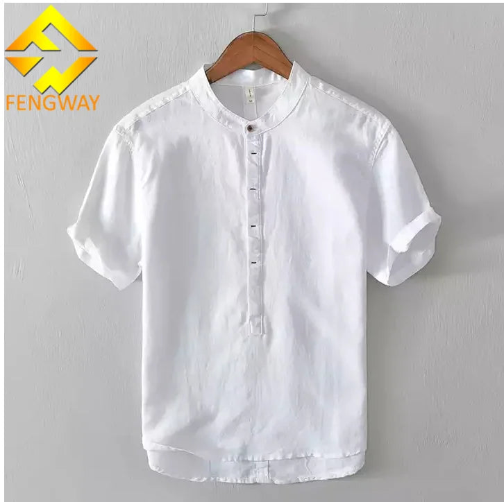 Fengway Custom Logo Plain Dyed Knitted Breathable High Collar Solid Color Linen Short Sleeve Casual Shirt for Men